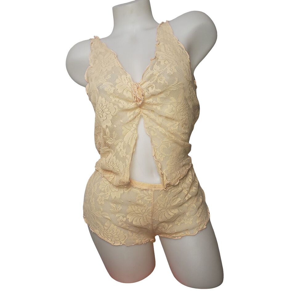 Victorias Secret Lace Set Womens Large Peach Floral Sheer Top Shorts Sleepwear